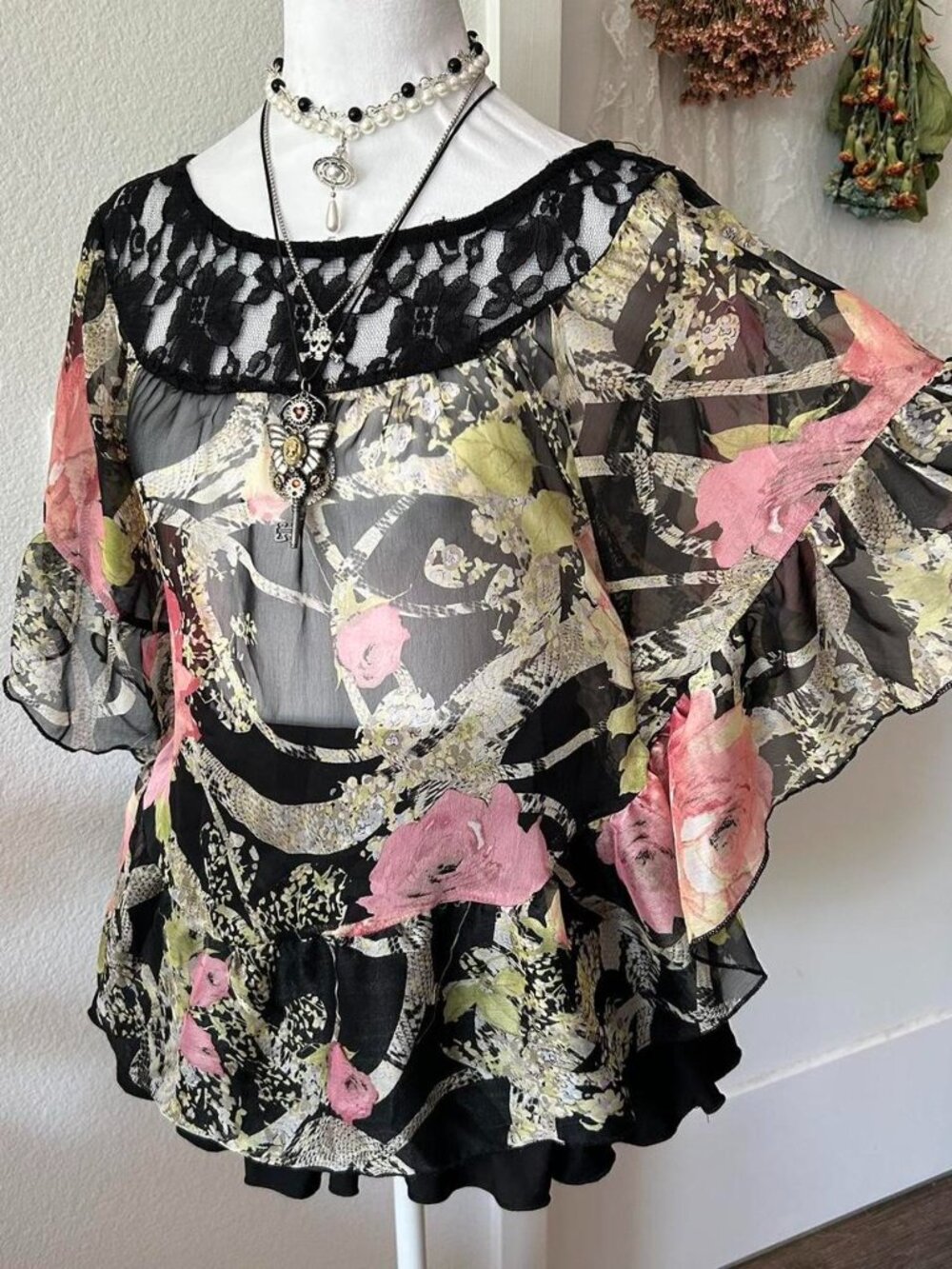 Y2K Arden B Black, Green, and Pink Sheer Batwing Sleeve Top